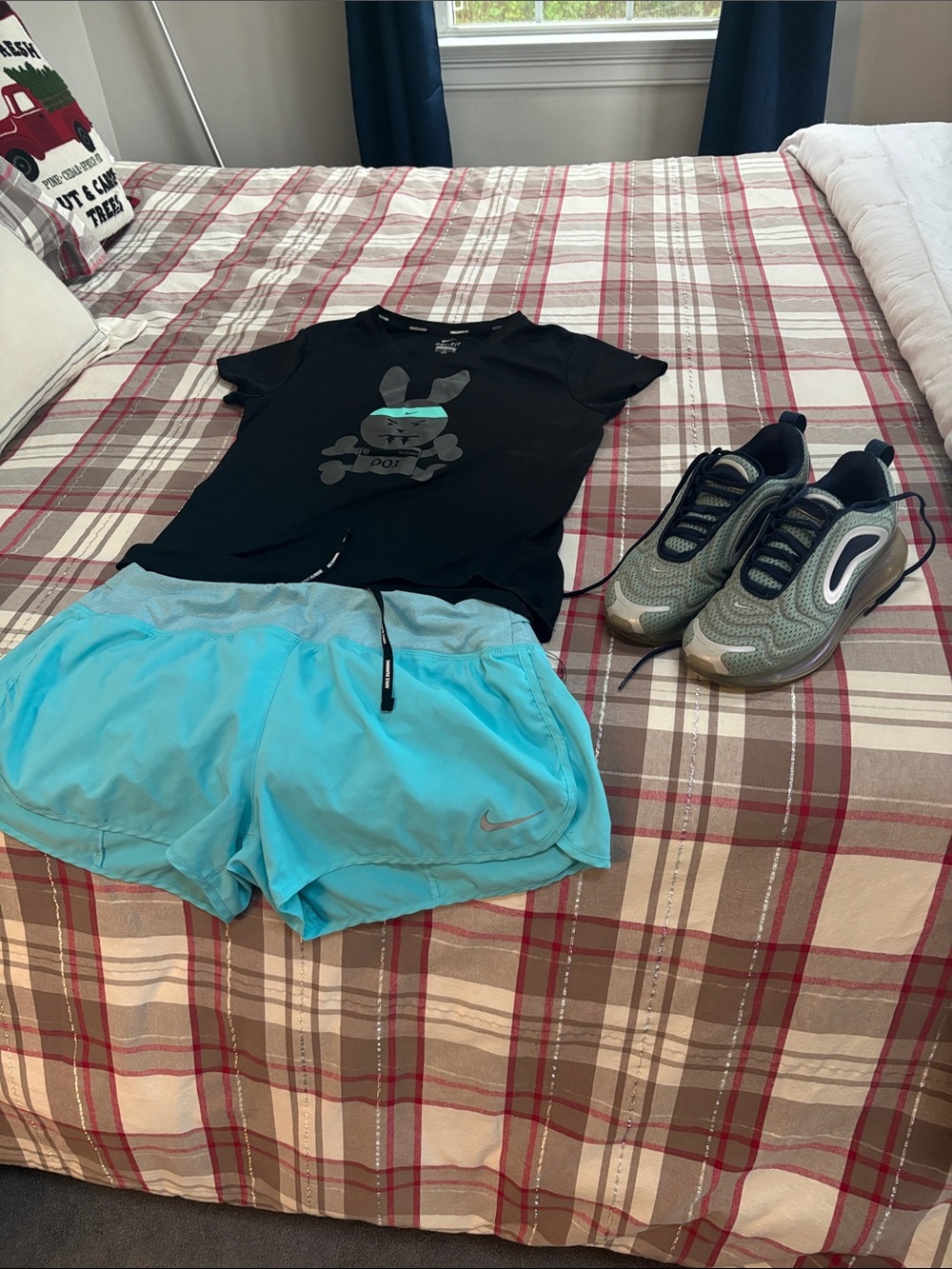 Nike Women’s Light Aqua Athletic Shorts with top and sneakers